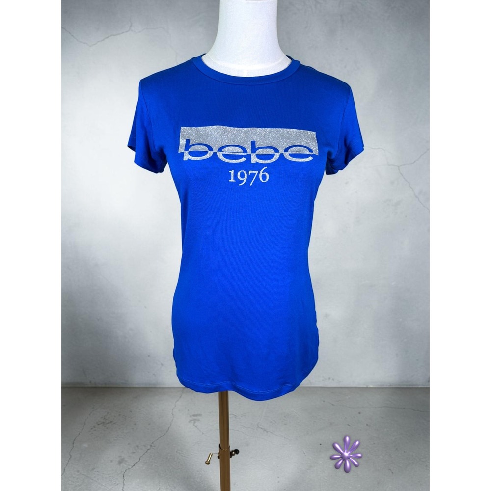 BEBE Logo Graphic Tee Womens L Blue Silver Glitter Slim Fit Baby T Shirt 1976